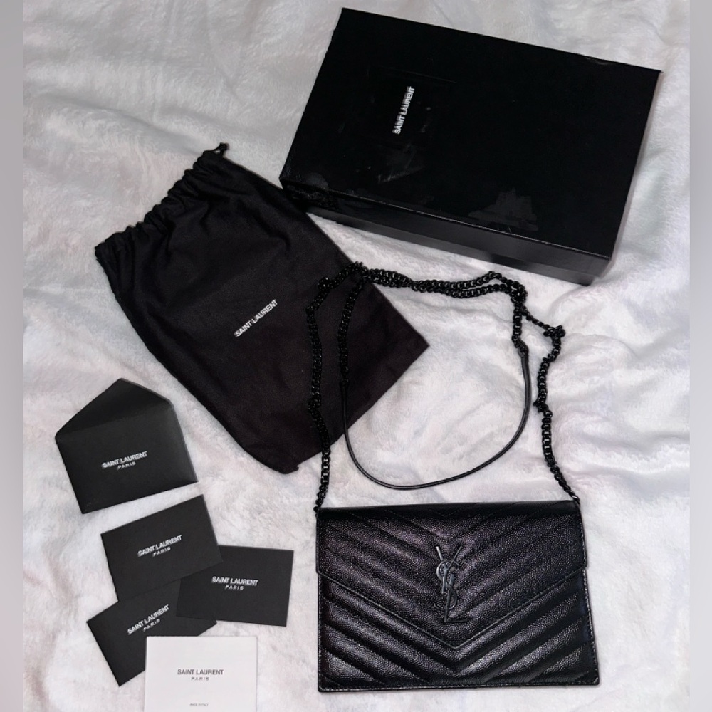 new ysl all black leather wallet on a chain comes w bag box & cards